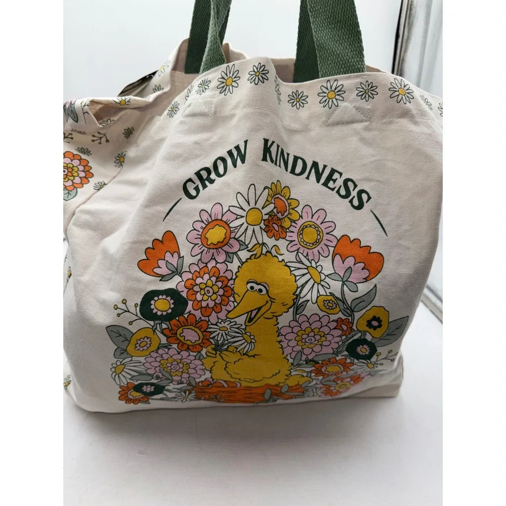 Sesame Street Big Bird Grow Kindness Canvas Tote Bag Floral Cream Green NWT
